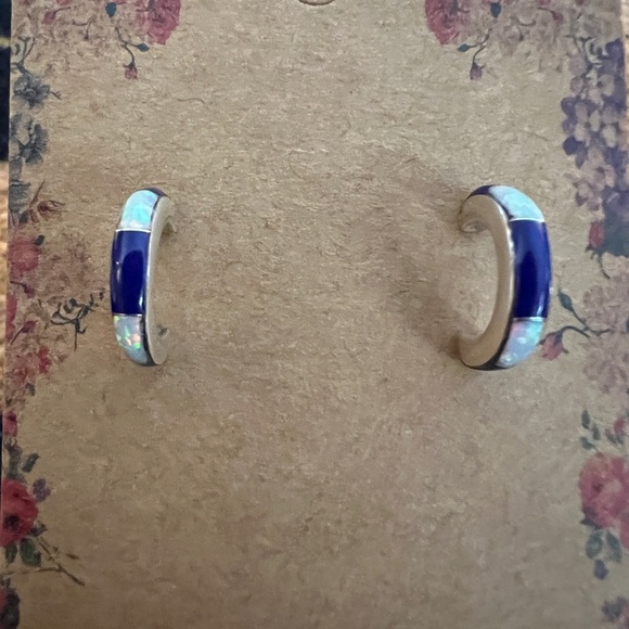 ❤️ 925 Inlaid Lapis Lazuli & Lab Opal Half Hoop Earrings Signed Navajo NM - Picture 5 of 10